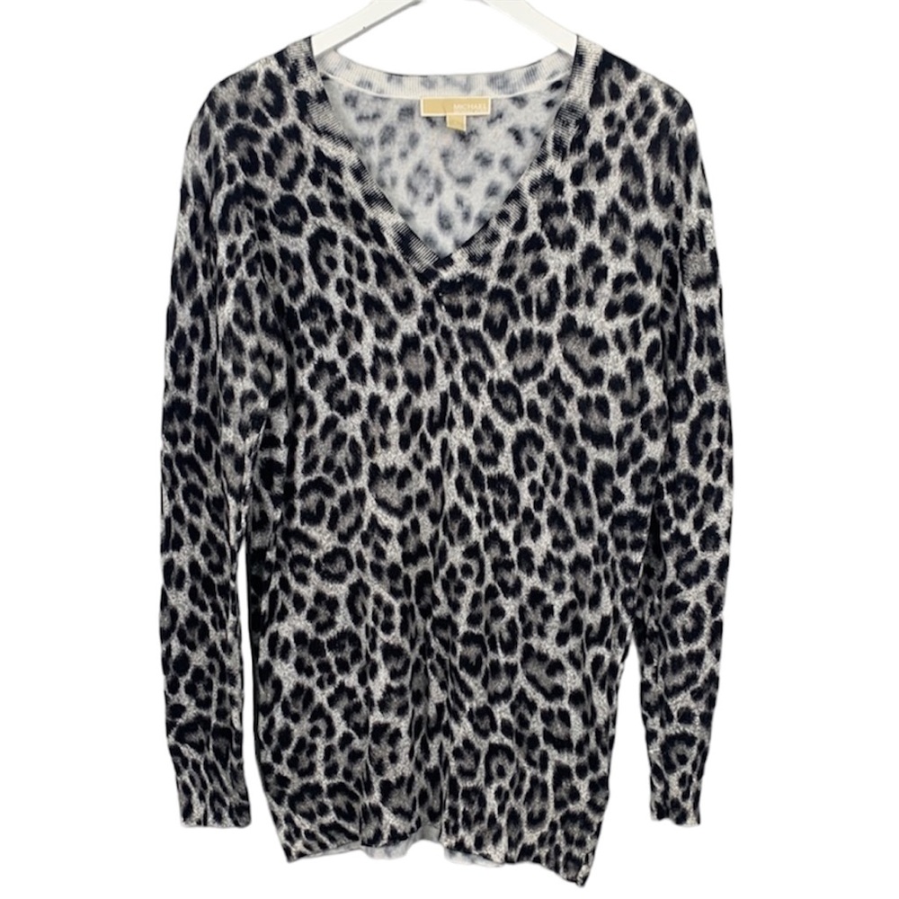 Michael Kors Leopard Print Long Sleeve V Neck Top Size Large